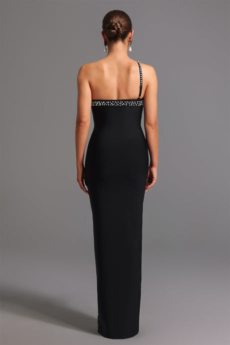 Clarissa Black One-Shoulder Bandage Dress with Pearl Detailing and Slit Design