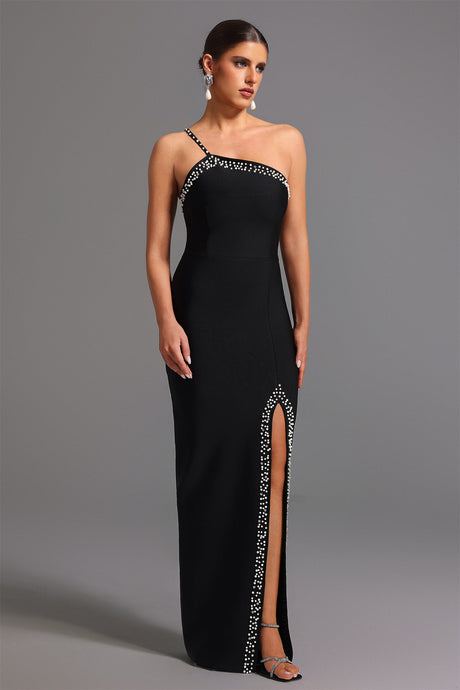 Clarissa Black One-Shoulder Bandage Dress with Pearl Detailing and Slit Design