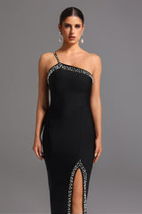 Clarissa Black One-Shoulder Bandage Dress with Slit Detail and Pearl Embellishments