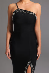 Clarissa Black One-Shoulder Bandage Dress with Pearl Detailing and Slit Design
