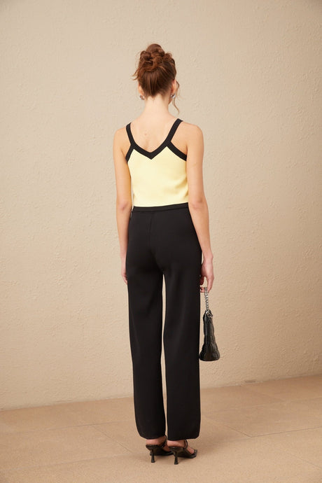 Clarissa Cardigan Vest & Trousers - Knitted V - Neck Set - Floral Color Block Design - Patch Pockets & Wide Straps