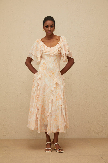 Clarissa Midi Dress - Floral Print - Ruffled Detailing - Flared Skirt - Scoop Neck - Shirred Effect