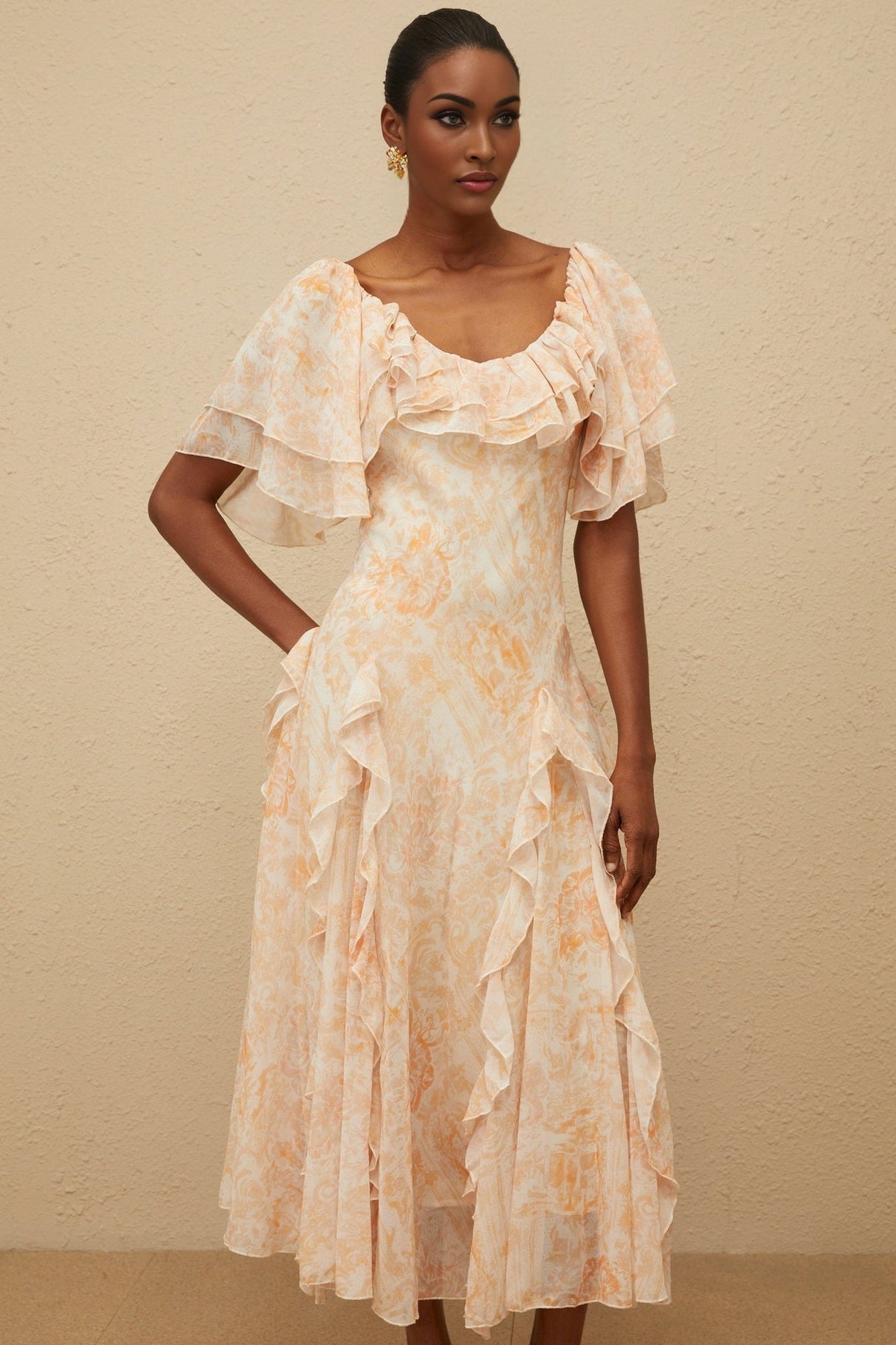 Clarissa Midi Dress - Floral Print - Ruffled Detailing - Flared Skirt - Scoop Neck - Shirred Effect