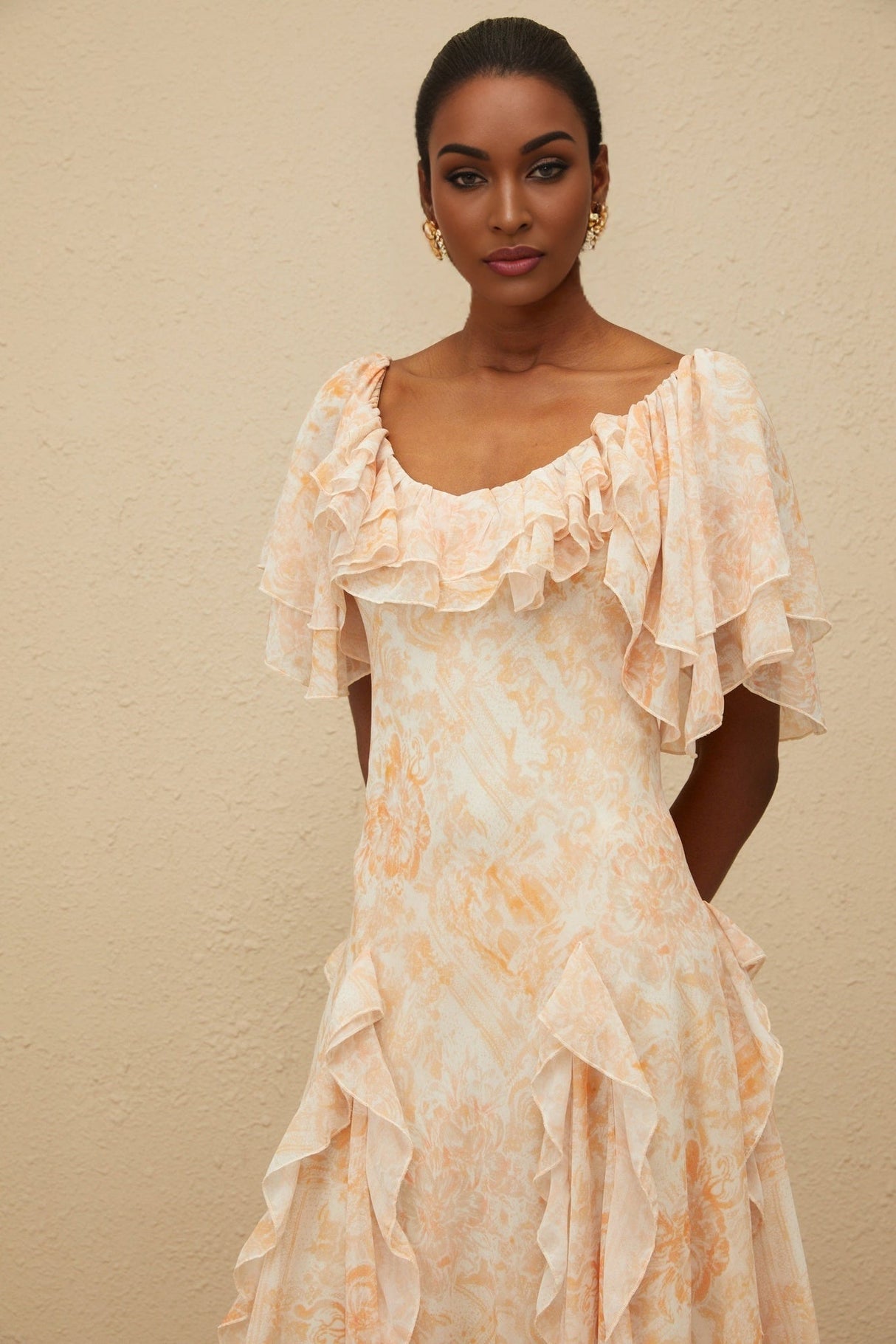 Clarissa Midi Dress - Floral Print - Ruffled Detailing - Flared Skirt - Scoop Neck - Shirred Effect