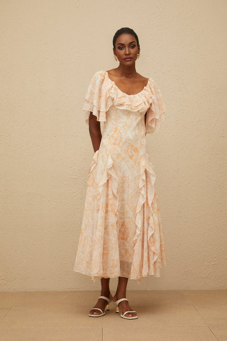 Clarissa Midi Dress - Floral Print - Ruffled Detailing - Flared Skirt - Scoop Neck - Shirred Effect