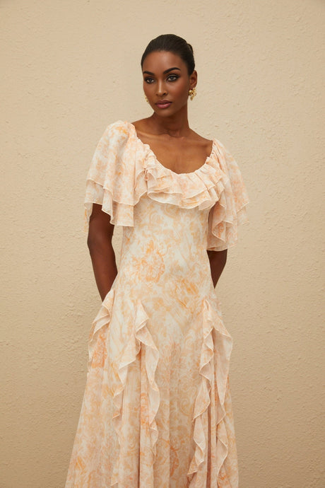 Clarissa Midi Dress - Floral Print - Ruffled Detailing - Flared Skirt - Scoop Neck - Shirred Effect