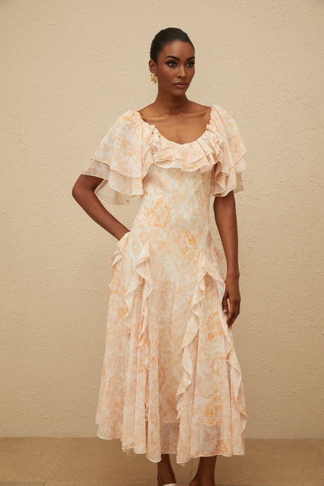 Clarissa Midi Dress - Floral Print - Ruffled Detailing - Flared Skirt - Scoop Neck - Shirred Effect