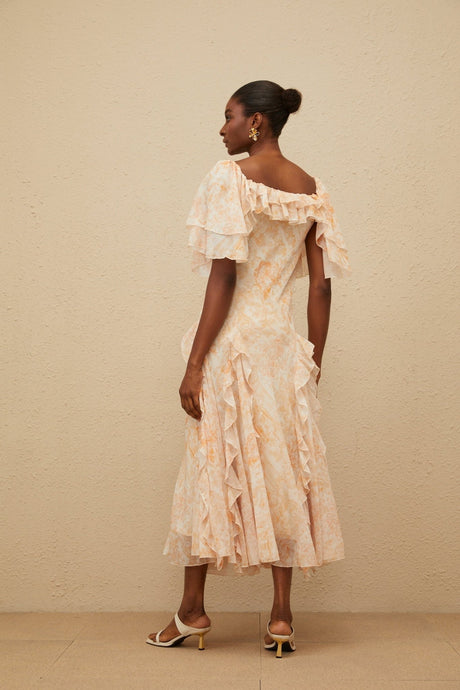 Clarissa Midi Dress - Floral Print - Ruffled Detailing - Flared Skirt - Scoop Neck - Shirred Effect