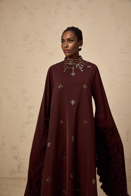 Clarissa Midi Dress - Mock Neck - Flared Sleeves - Ruffled Detailing - Sequin Embellishment - Tulle Panelled