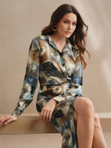 Clarissa Midi Dress - Neckline Collar - Formal & Evening - High Waist - Graphic Print - Elegant