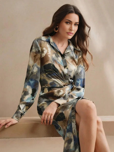 Clarissa Midi Dress - Neckline Collar - Formal & Evening - High Waist - Graphic Print - Elegant