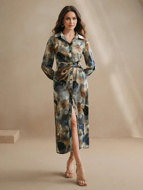 Clarissa Midi Dress - Neckline Collar - Formal & Evening - High Waist - Graphic Print - Elegant
