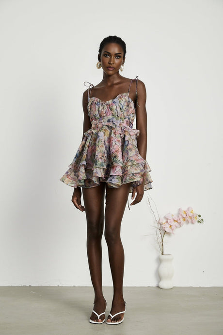Clarissa Mini Dress - Sleeveless - Floral Print - Bustier Style - High Waist - Tiered Design