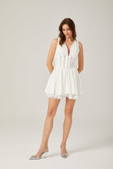 Clarissa Mini Dress - Sleeveless V Neck - Floral Embroidered Lace - Scalloped Trims - Front Hook and Eye - Rear Zip Fastening
