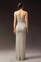 Clarissa Silver Sequin Fish Tail Dress for Evening Events Gala Formal Dinner Icon