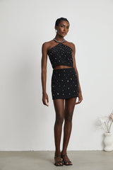 Clarissa Skirt & Top Set - Halterneck Top - Crystal Embellishment - Rear Zip Fastening - Cropped Design