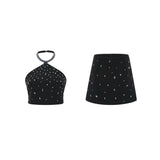 Clarissa Skirt & Top Set - Halterneck Top - Crystal Embellishment - Rear Zip Fastening - Cropped Design