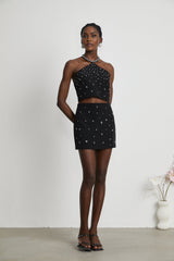 Clarissa Skirt & Top Set - Halterneck Top - Crystal Embellishment - Rear Zip Fastening - Cropped Design