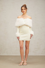 Clarissa Skirt & Top Set - Off - the - Shoulder Long Sleeve Top - Faux - fur Paneling - Bow Embellishment - High Rise Skirt