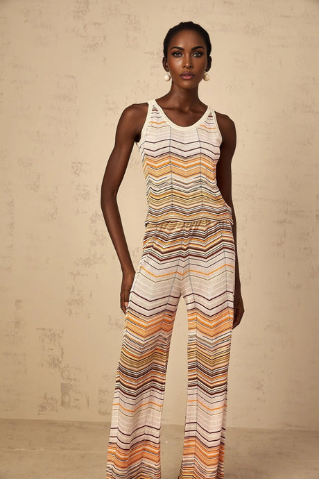Clarissa Top & Trousers Set with Chevron Pattern in Neutrals