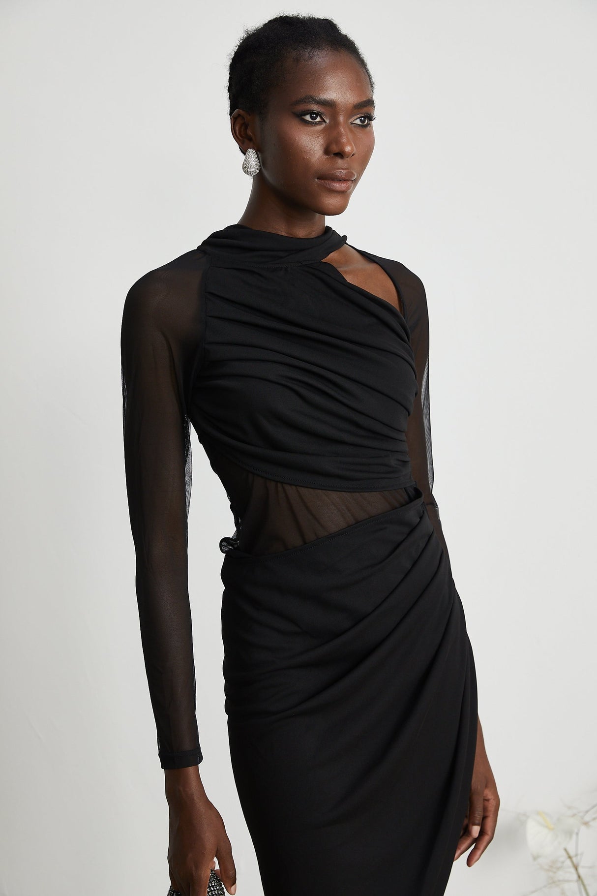 Clarisse semisheer ruched midi dress