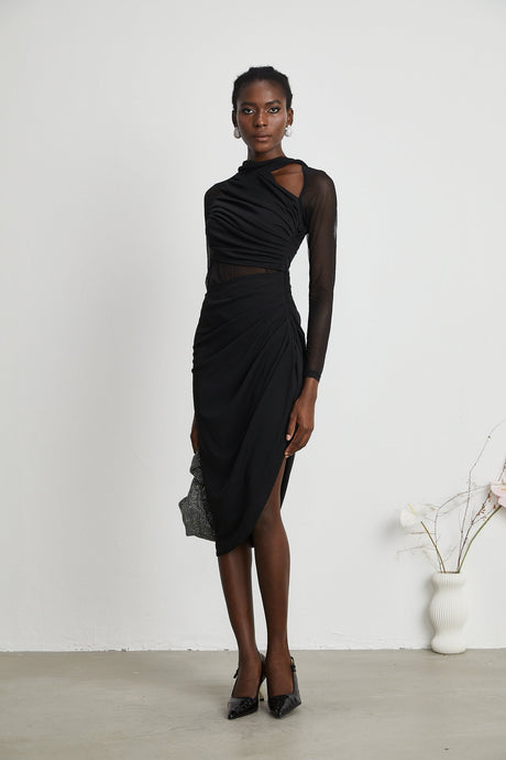 Clarisse semisheer ruched midi dress