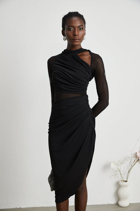 Clarisse semisheer ruched midi dress