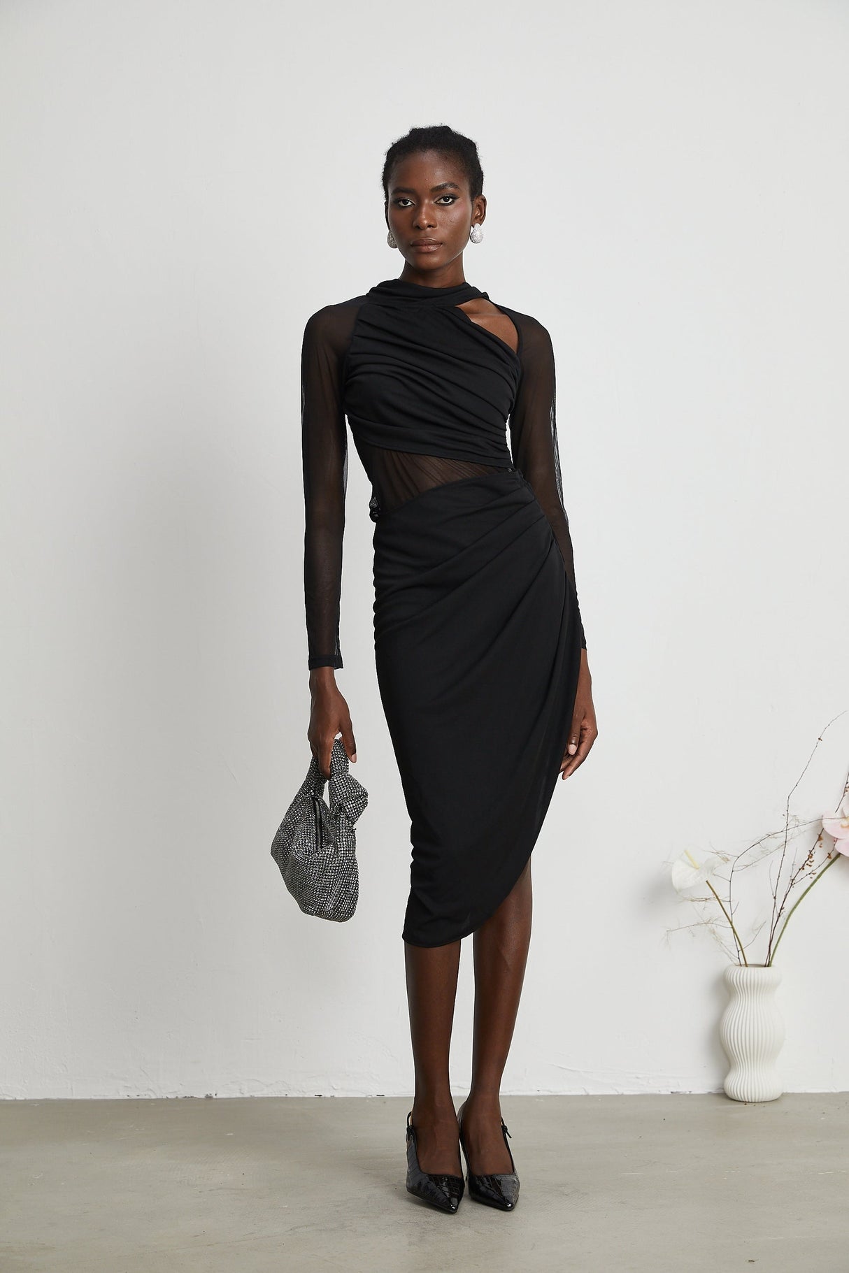 Clarisse semisheer ruched midi dress