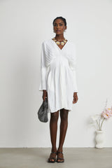 Claudette Pleated Mini Dress - V - Neckline - Flared Sleeves - Laced Waist - Lightweight