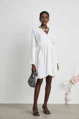 Claudette Pleated Mini Dress - V - Neckline - Flared Sleeves - Laced Waist - Lightweight