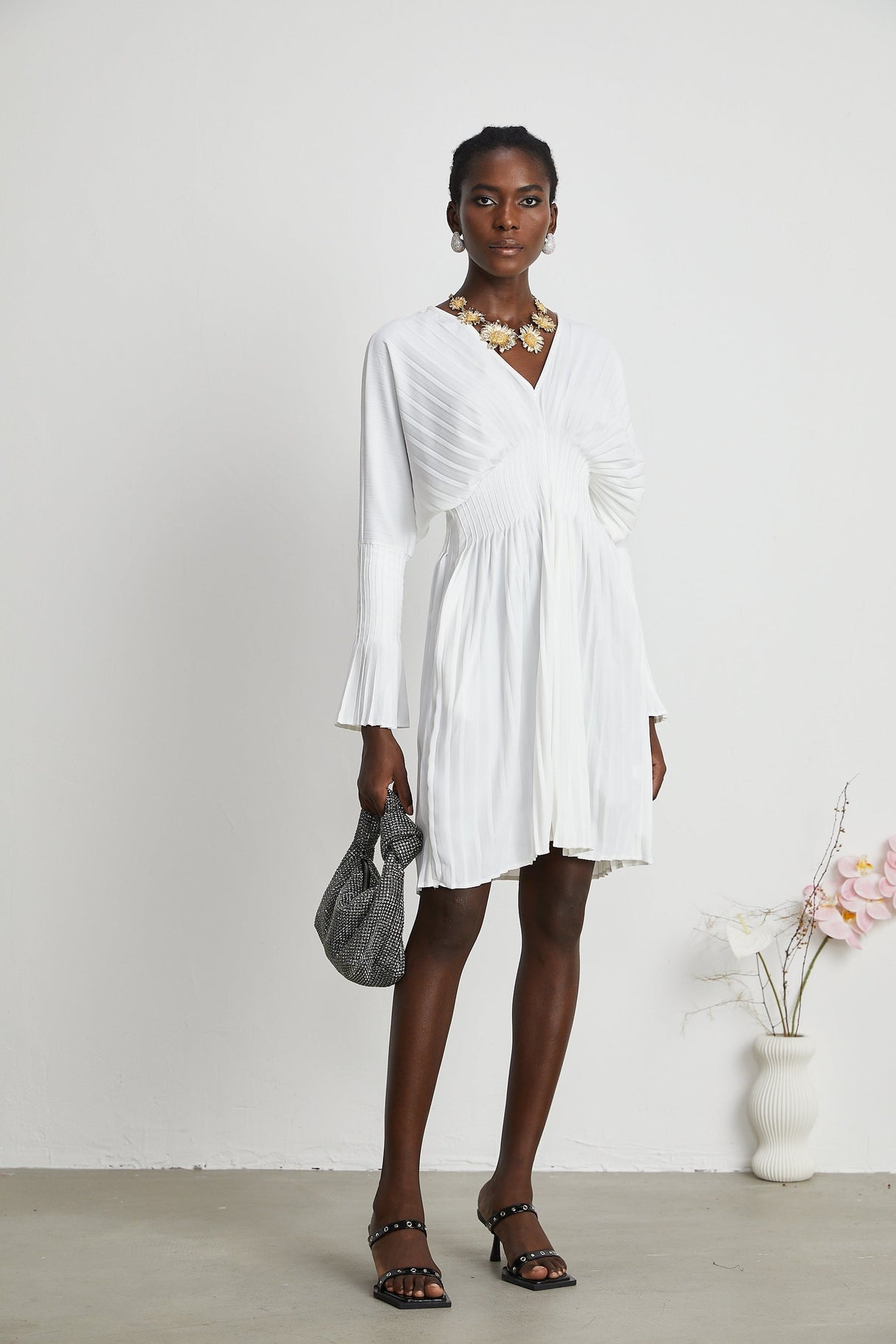 Claudette Vneck pleated mini dress