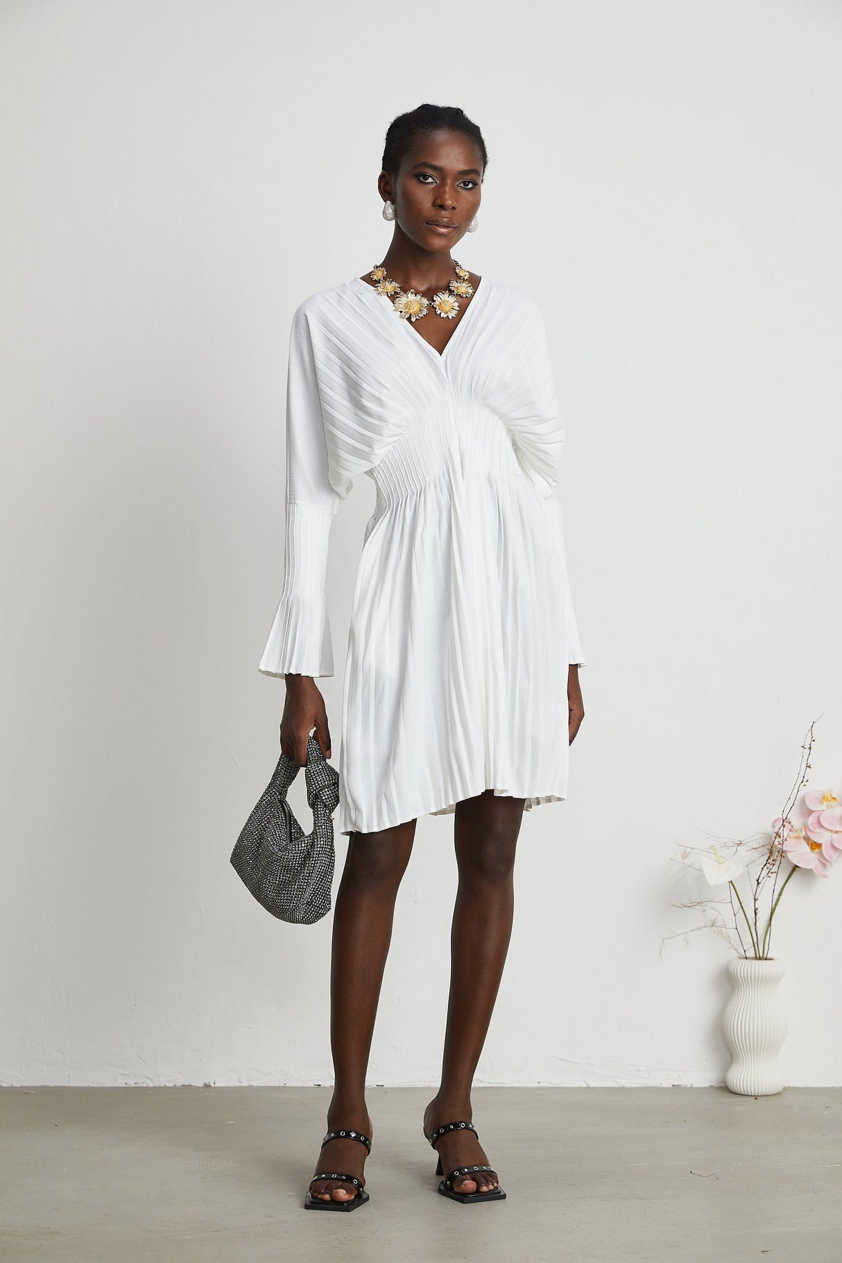 Claudette Vneck pleated mini dress
