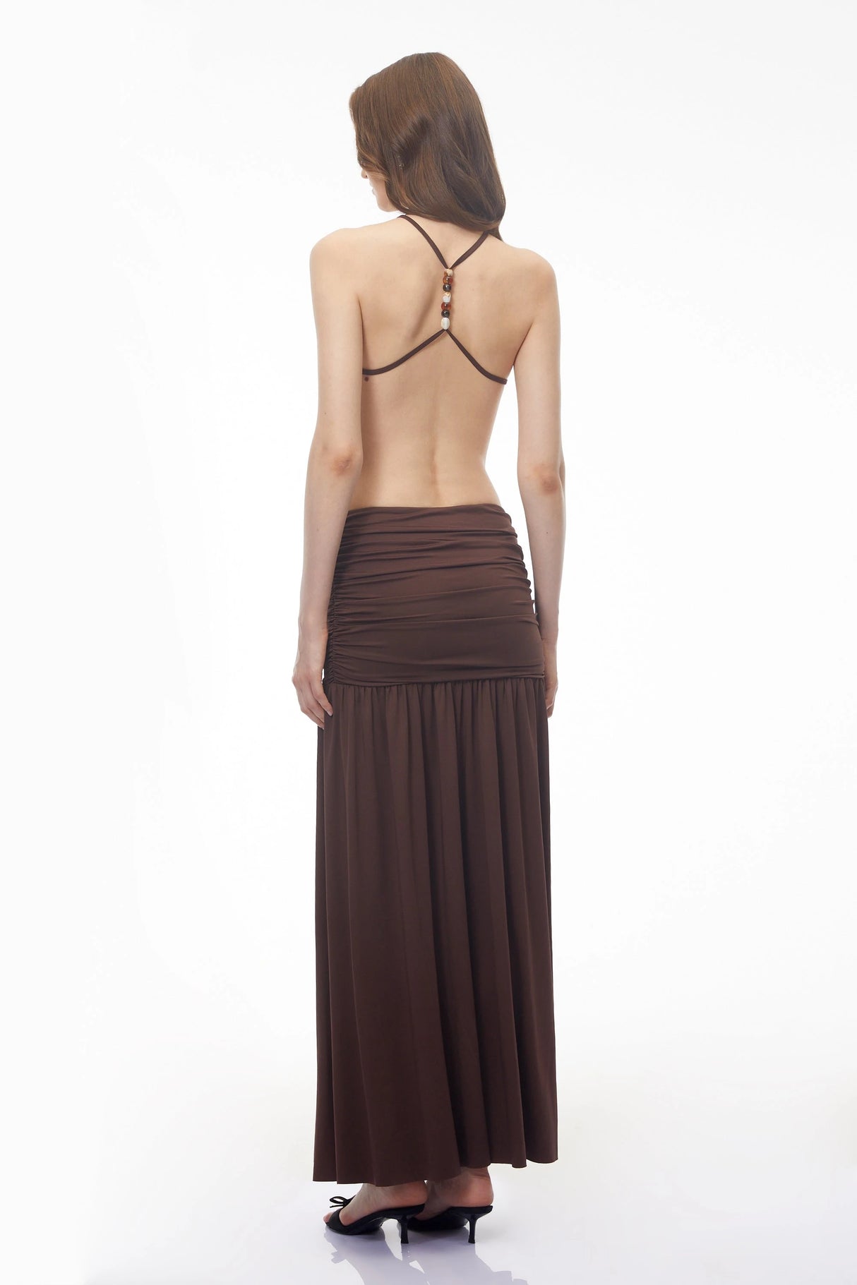 Claudia Brown Halterneck Ruched Maxi Dress