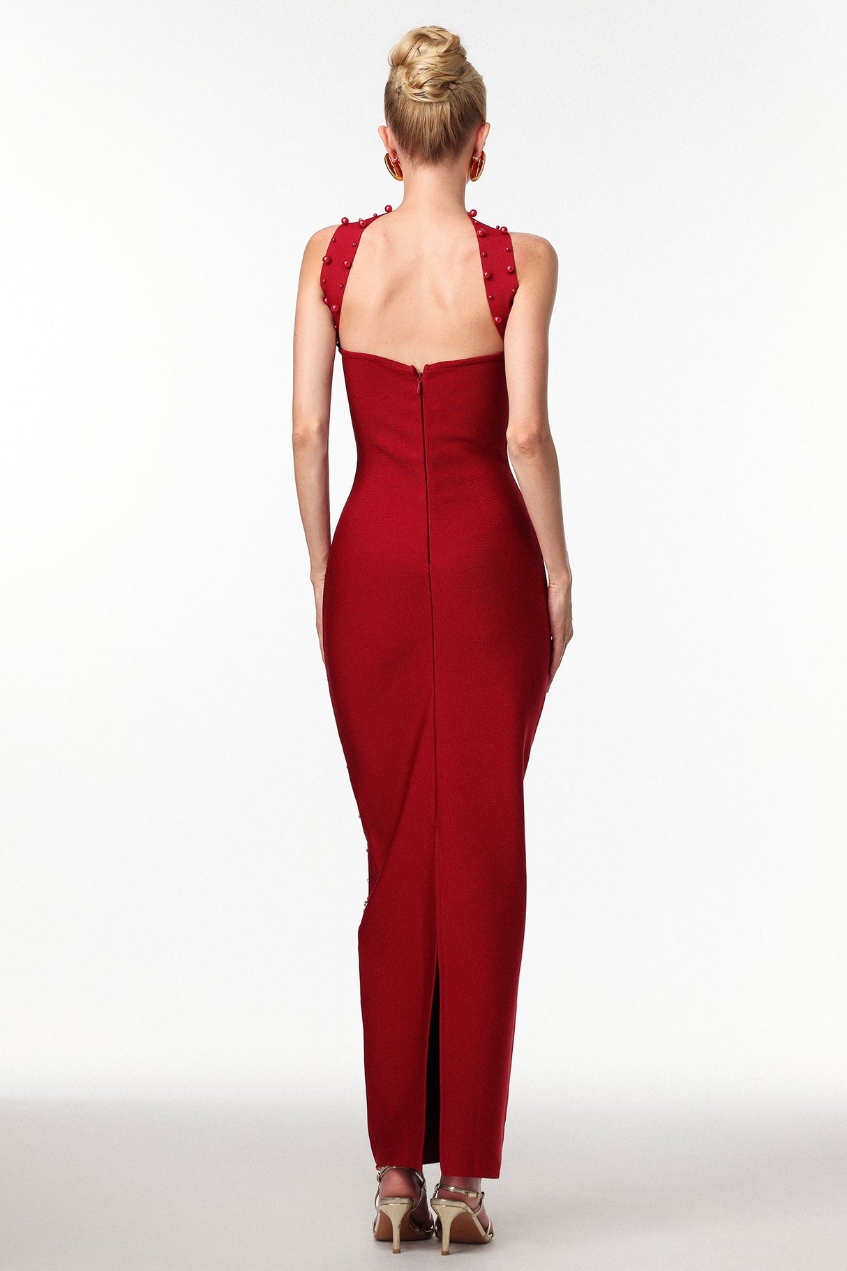 Claudia Red Strapless Pearls Dress Elegant Luxury Special Occasion Chic Sophisticated Glamorous Sleek Heels Bold Accessories Style