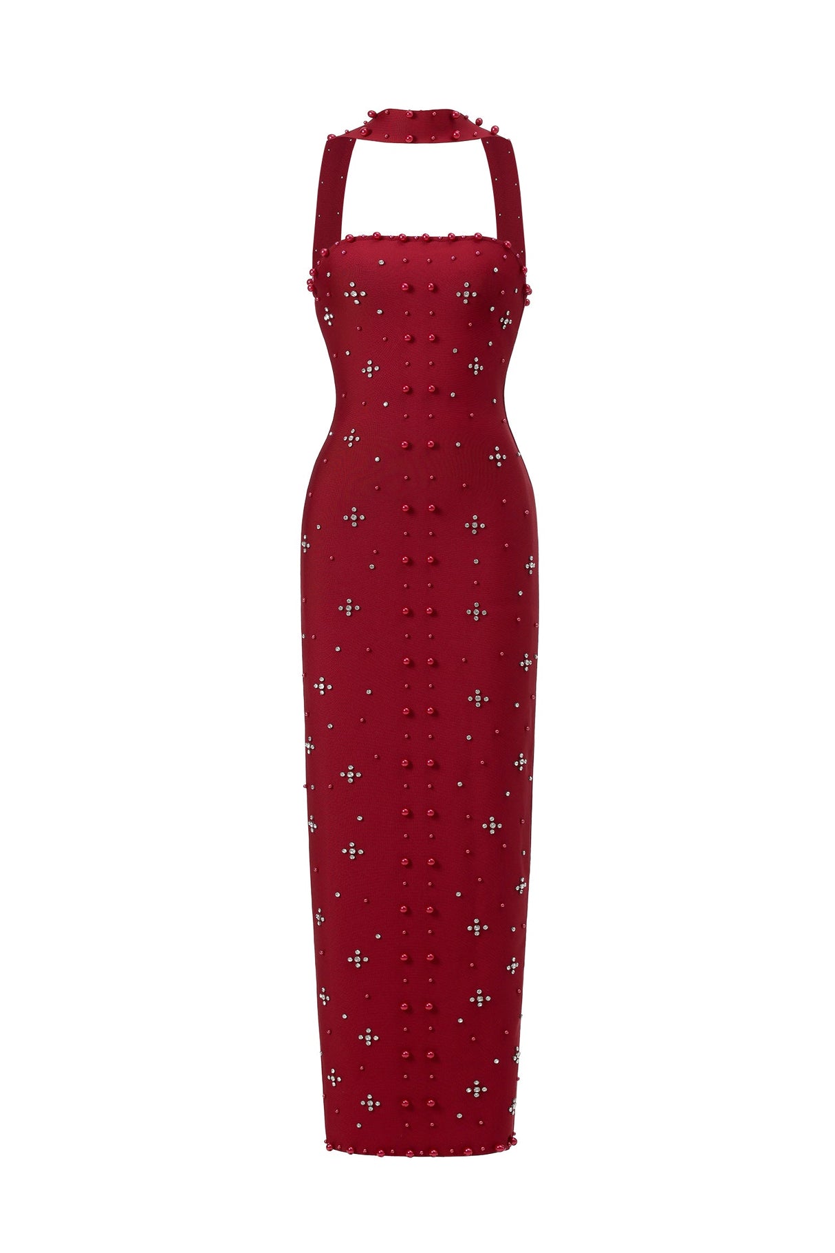 Claudia Red Elegant Dress with Pearls and Strapless Design for Special Occasions
