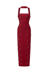Claudia Red Elegant Dress with Pearls and Strapless Design for Special Occasions