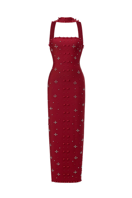 Claudia Red Elegant Dress with Pearls and Strapless Design for Special Occasions