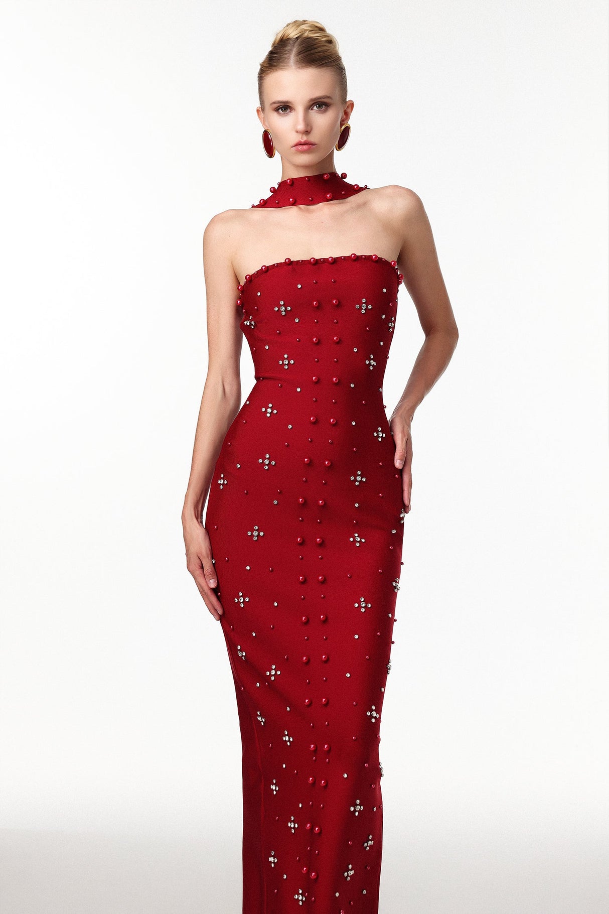 Claudia Red Luxurious Fabric Pearls Strapless Evening Dress