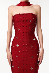 Claudia Red Pearl Detail Strapless Dress for Evening Events