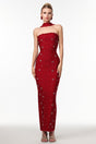 Claudia Red Strapless Dress with Pearls and Luxurious Fabric for Special Occasions