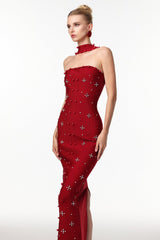 Claudia Red Strapless Evening Dress with Pearls and Luxurious Fabric