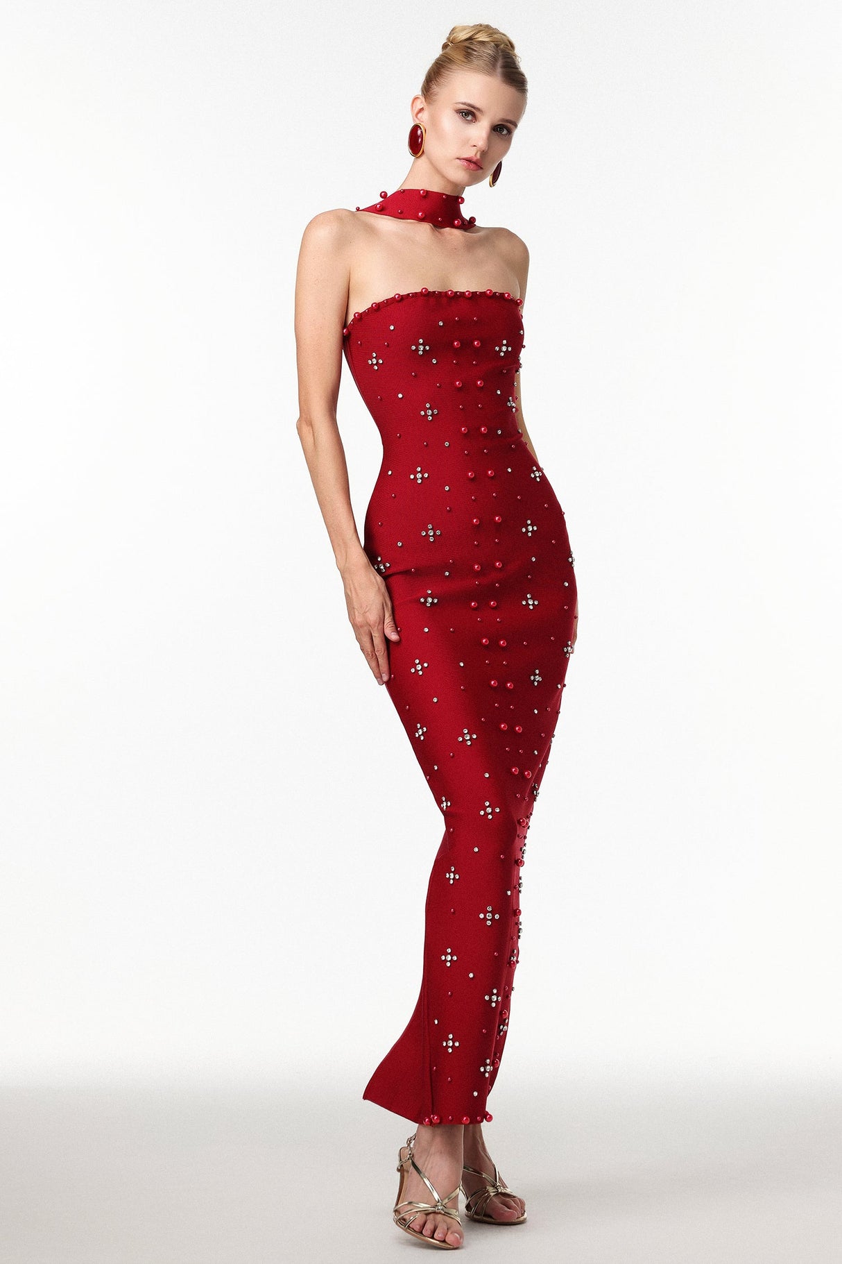 Claudia Red Strapless Pearl Detail Evening Dress