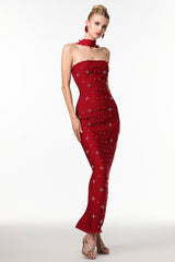 Claudia Red Strapless Pearl Detail Evening Dress