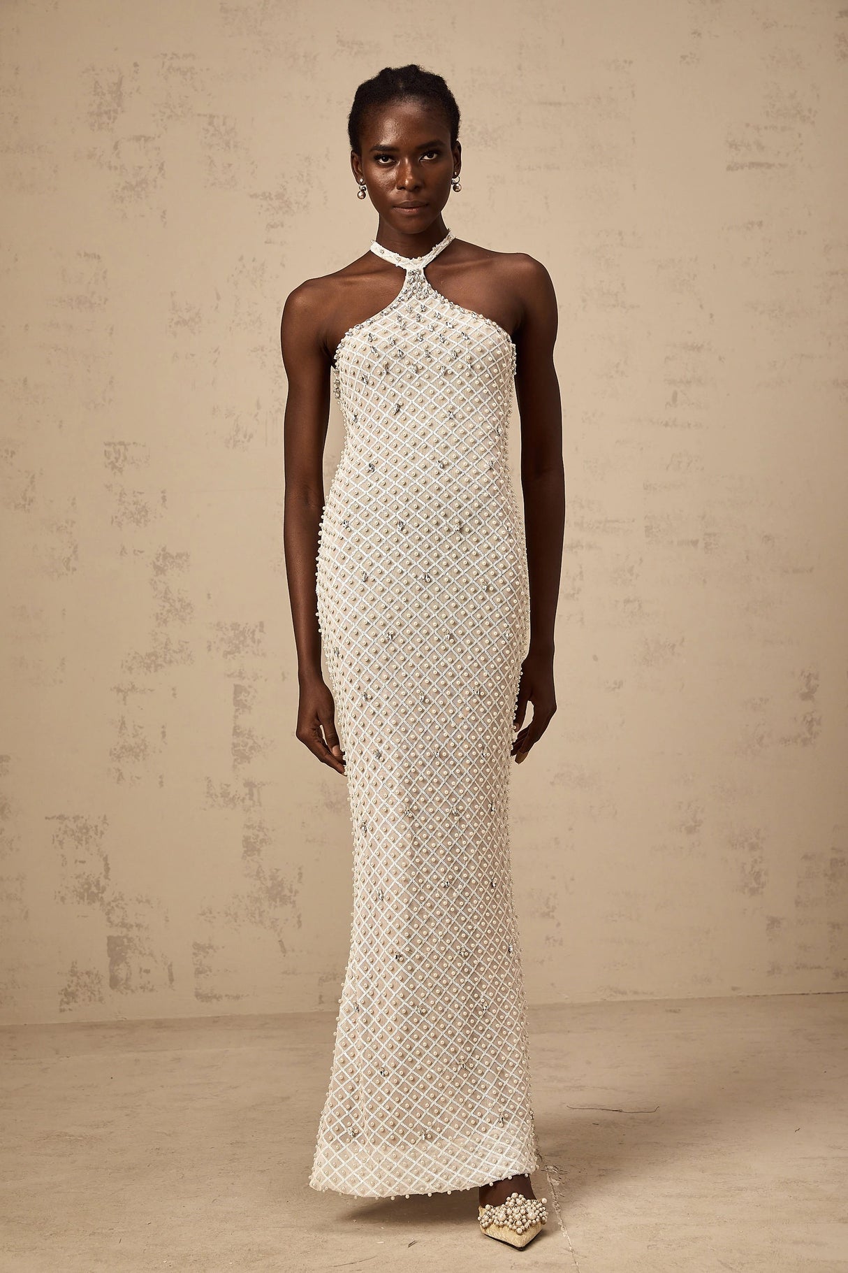 Claudine white embellished halterneck maxi dress