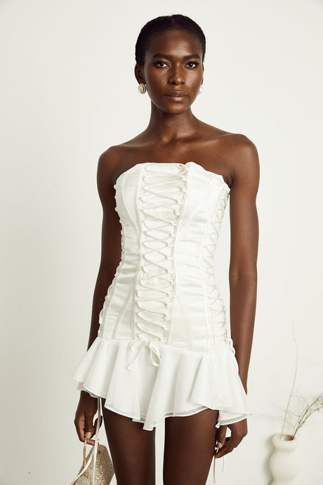 Clémence white tullepanel laceup mini dress