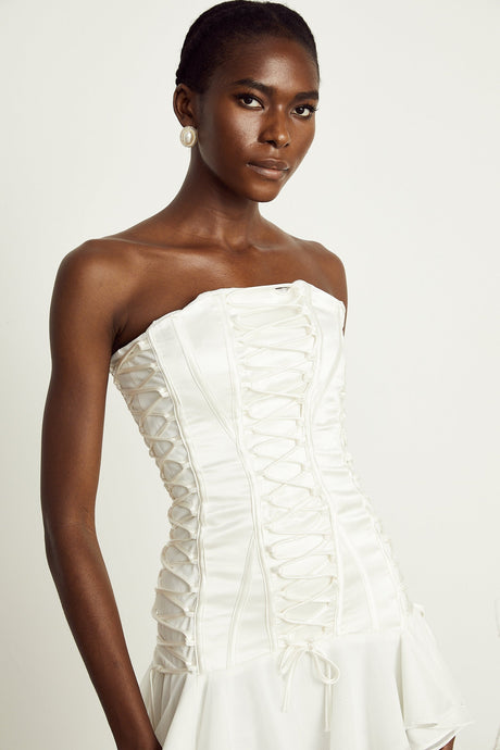 Clémence white tullepanel laceup mini dress
