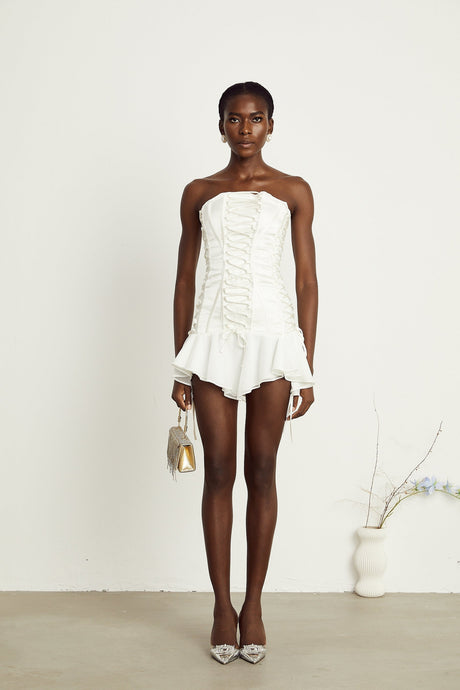 Clémence white tullepanel laceup mini dress
