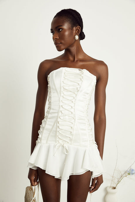 Clémence white tullepanel laceup mini dress