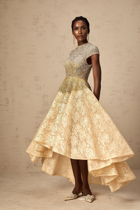 Clementina Lace Overlay Dress – High - Low Hem – Bead & Sequin Embellishment – Cap Sleeves – Flared Skirt