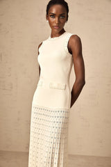 Clementina Maxi Dress White Faux - Pearl Embellished Pleated Scallop Hem